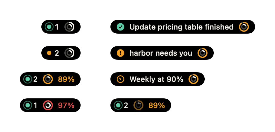 Eight menu bar pills: working, a session that needs you, near the limit, critical, faded rings for old data, and moments that read 'Update pricing table finished', 'harbor needs you' and 'Weekly at 90%'.