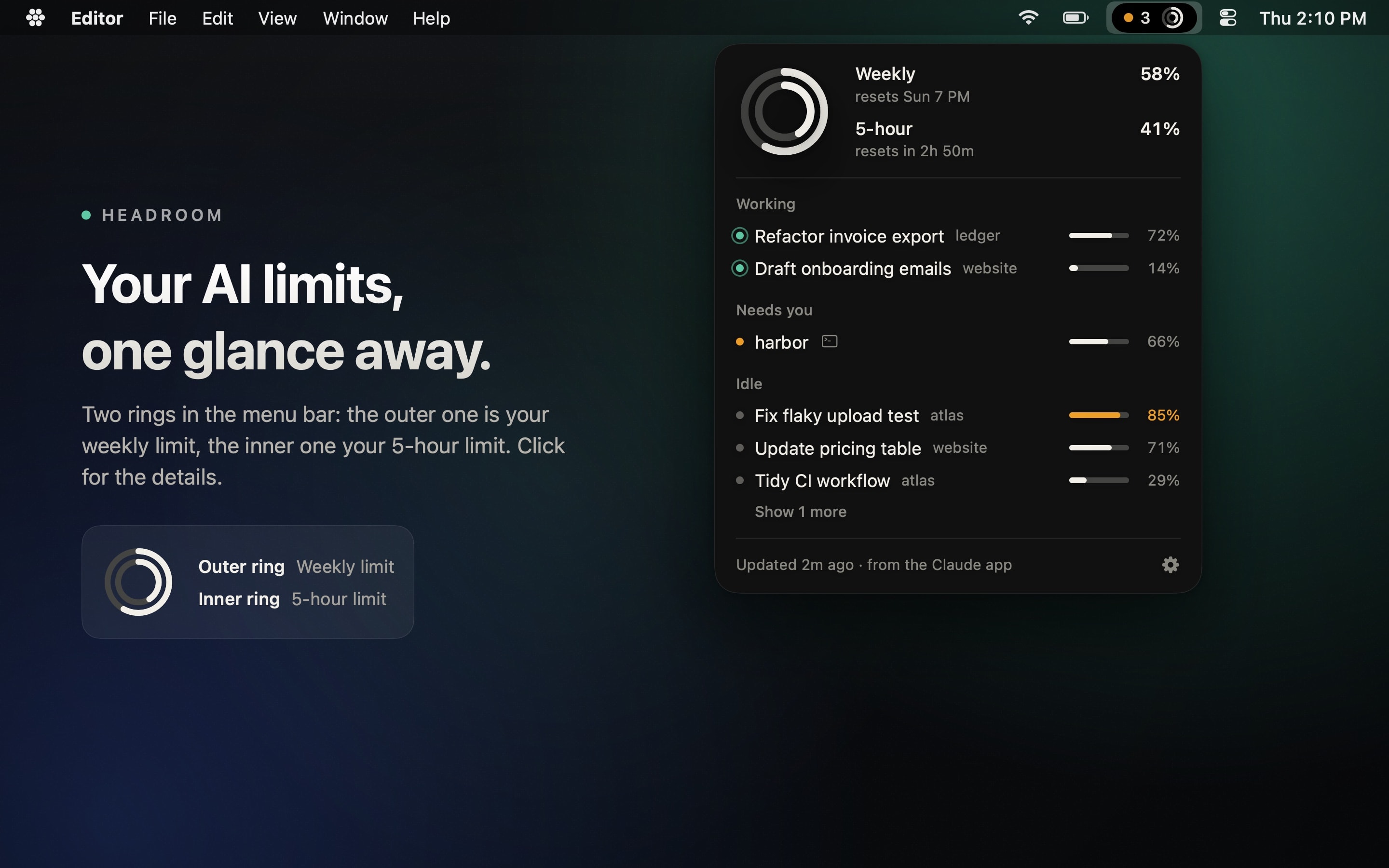 A Mac desktop with the Headroom pill in the menu bar and its panel open: weekly and 5-hour limits with reset times, then sessions with context bars. All data is sample data.