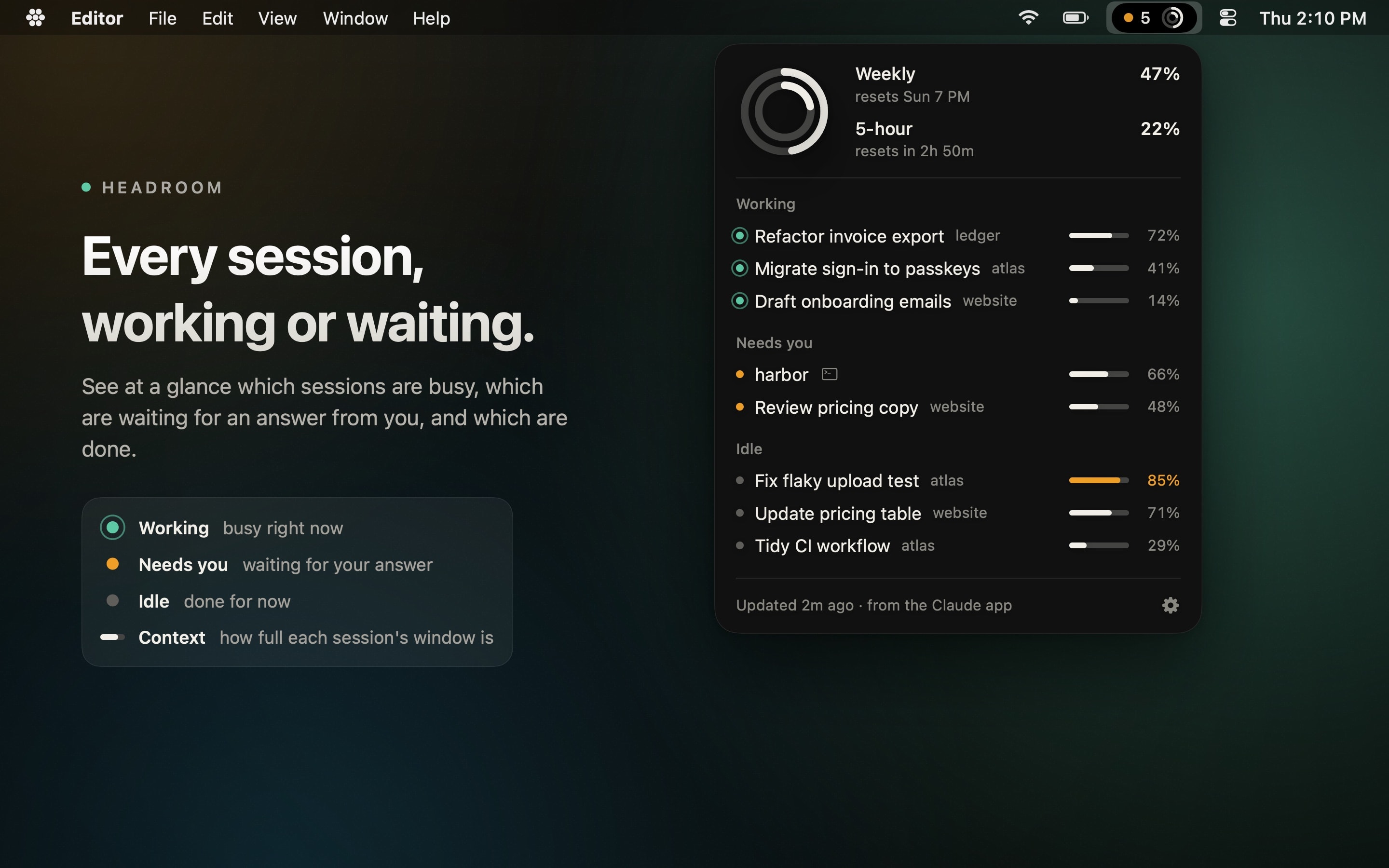 The Headroom panel listing sample sessions grouped as working, needs you and idle, each with a context bar.